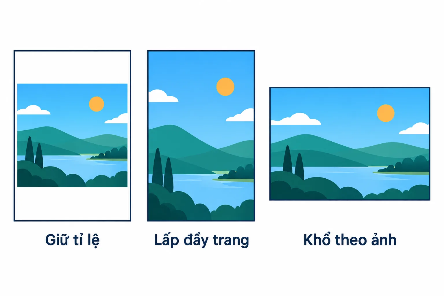 Ba cách đặt cùng một ảnh lên trang PDF: giữ tỉ lệ, lấp đầy trang và khổ theo ảnh