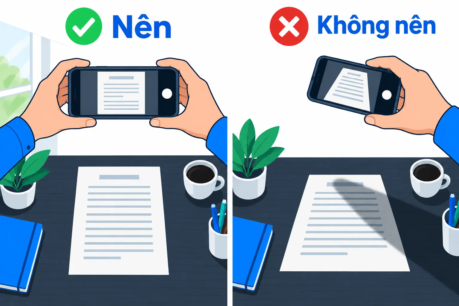 Chụp giấy tờ đúng cách với điện thoại song song mặt giấy, so với chụp nghiêng có bóng đổ