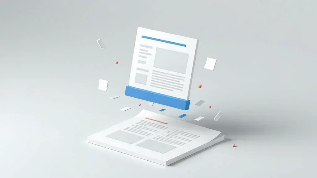A document page breaking apart into text strips, table cells and an image block that are being reassembled