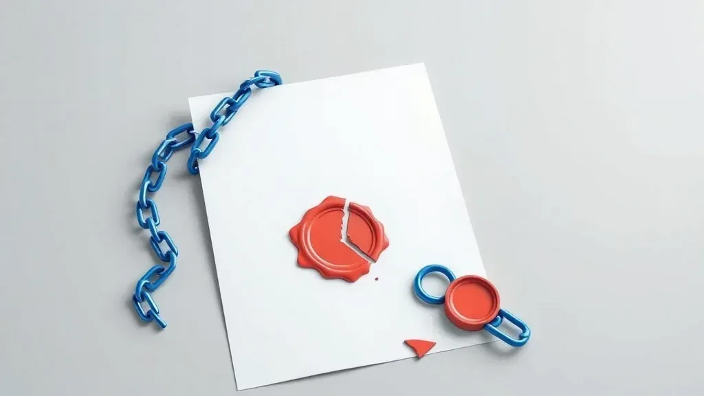 A cracked red wax seal on a page next to a blue chain with a broken link