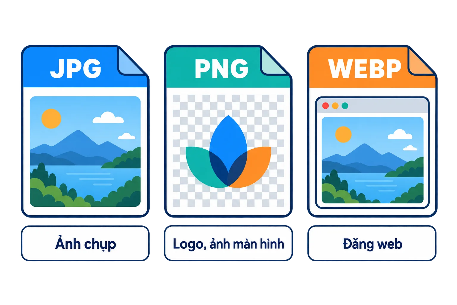 Ba định dạng ảnh JPG, PNG, WebP và loại ảnh hợp với mỗi định dạng