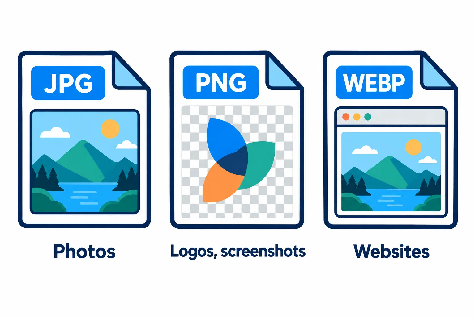 Three image formats, JPG, PNG and WebP, with the kind of image each suits