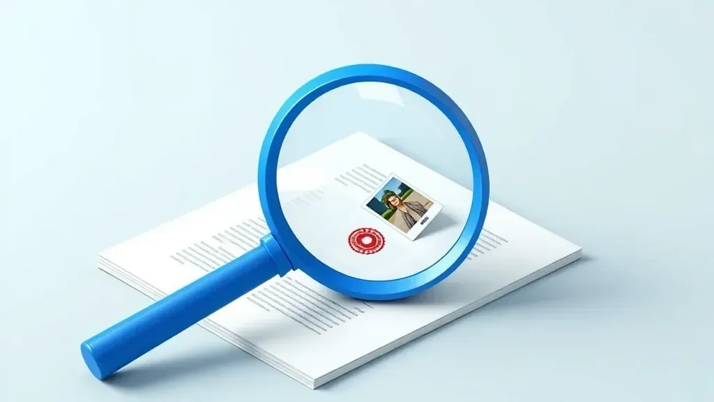 A blue magnifying glass enlarging a red stamp and the corner of a photo on a printed page