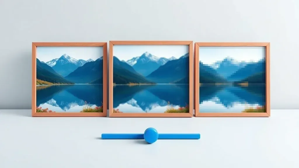 Three framed copies of the same mountain lake photo: sharp, slightly soft, and visibly pixelated