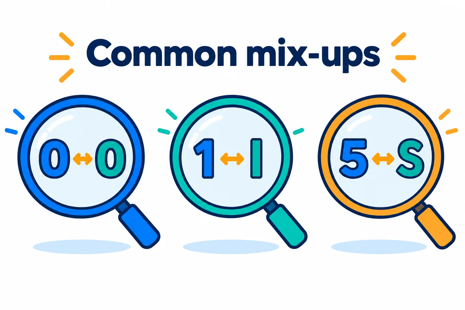 A magnifier over character pairs OCR often confuses: 0 and O, 1 and l, 5 and S