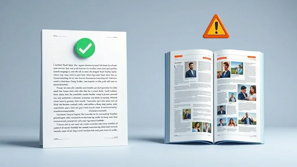 On the left a tidy single-column page with a green check, on the right a busy multi-column magazine page with a warning sign