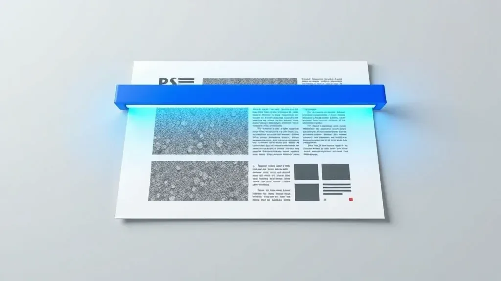 A blue scanning beam passing over a scanned page, turning the area behind it into crisp lines of text
