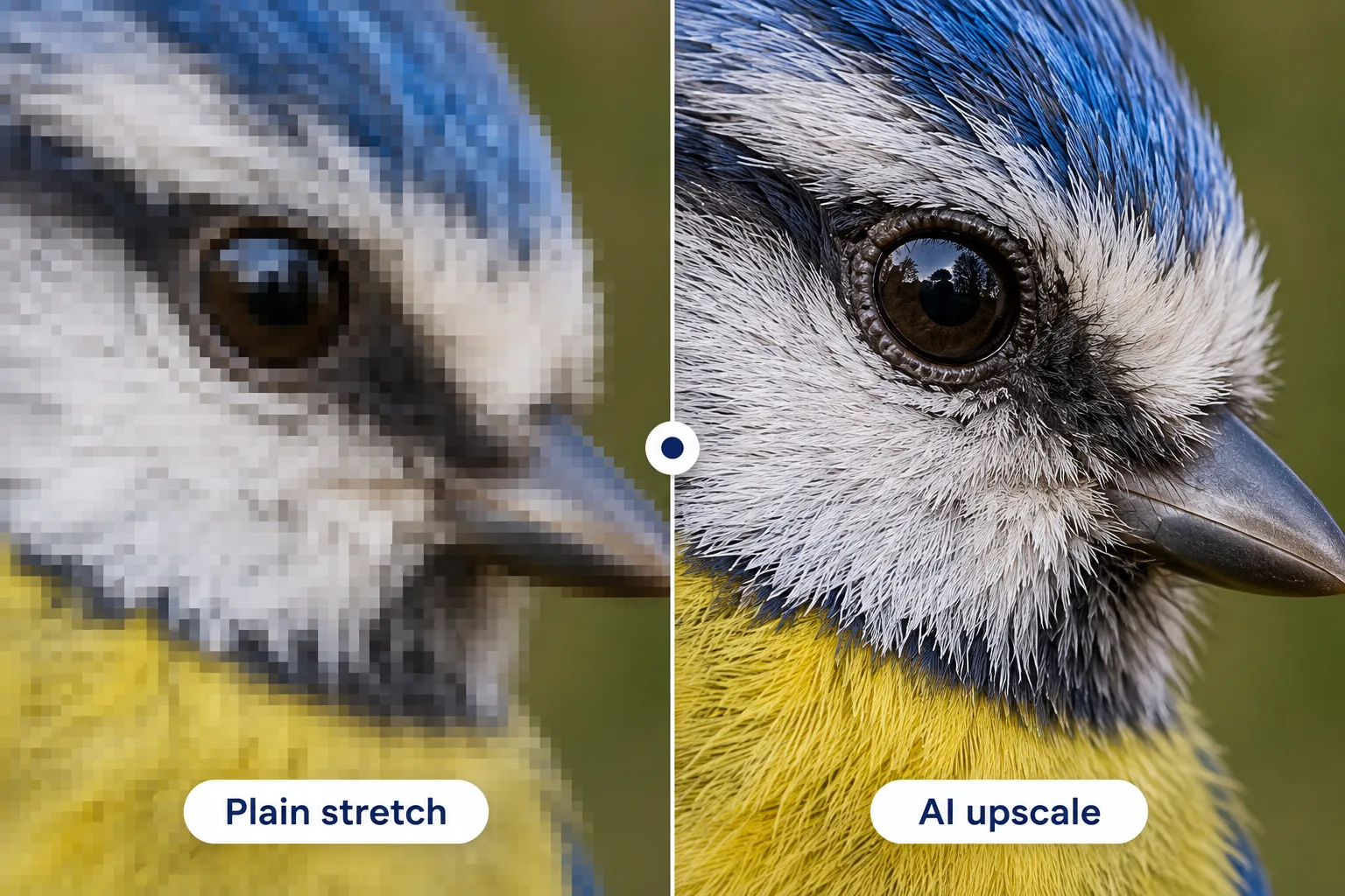 Feathers enlarged four times: plain stretching is blurry, AI keeps sharp detail