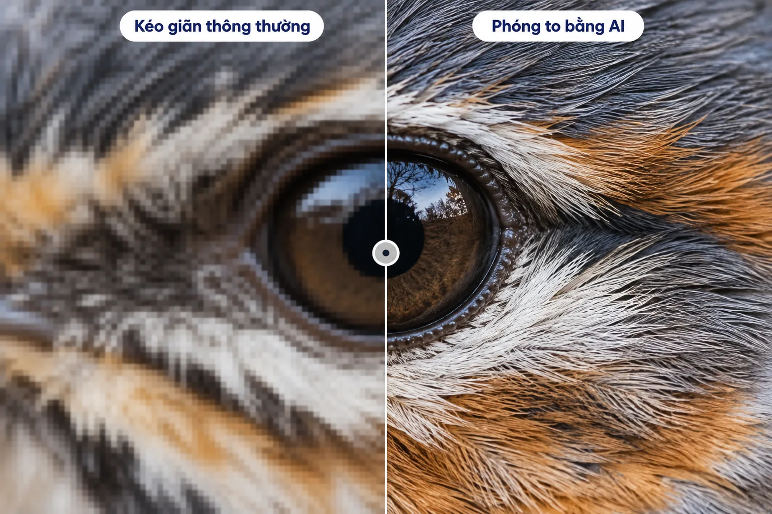 Cận cảnh lông chim phóng to bốn lần: kéo giãn thông thường bị mờ, AI giữ chi tiết sắc nét