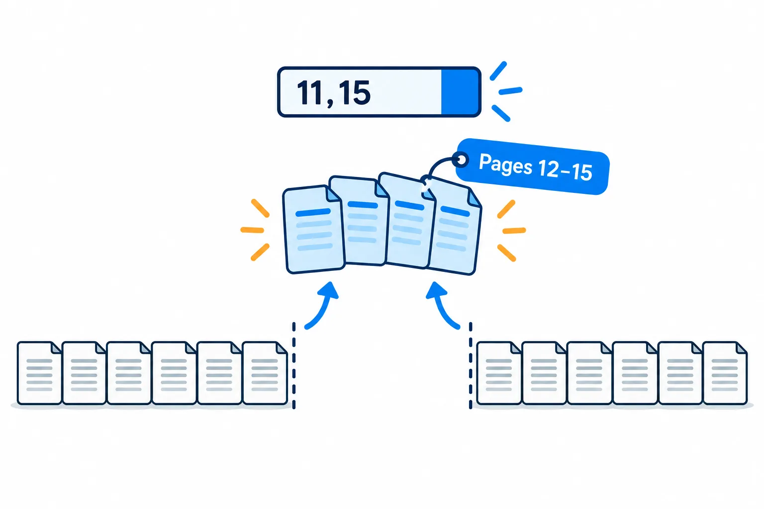 A row of pages with pages 12 to 15 lifted out as a separate file