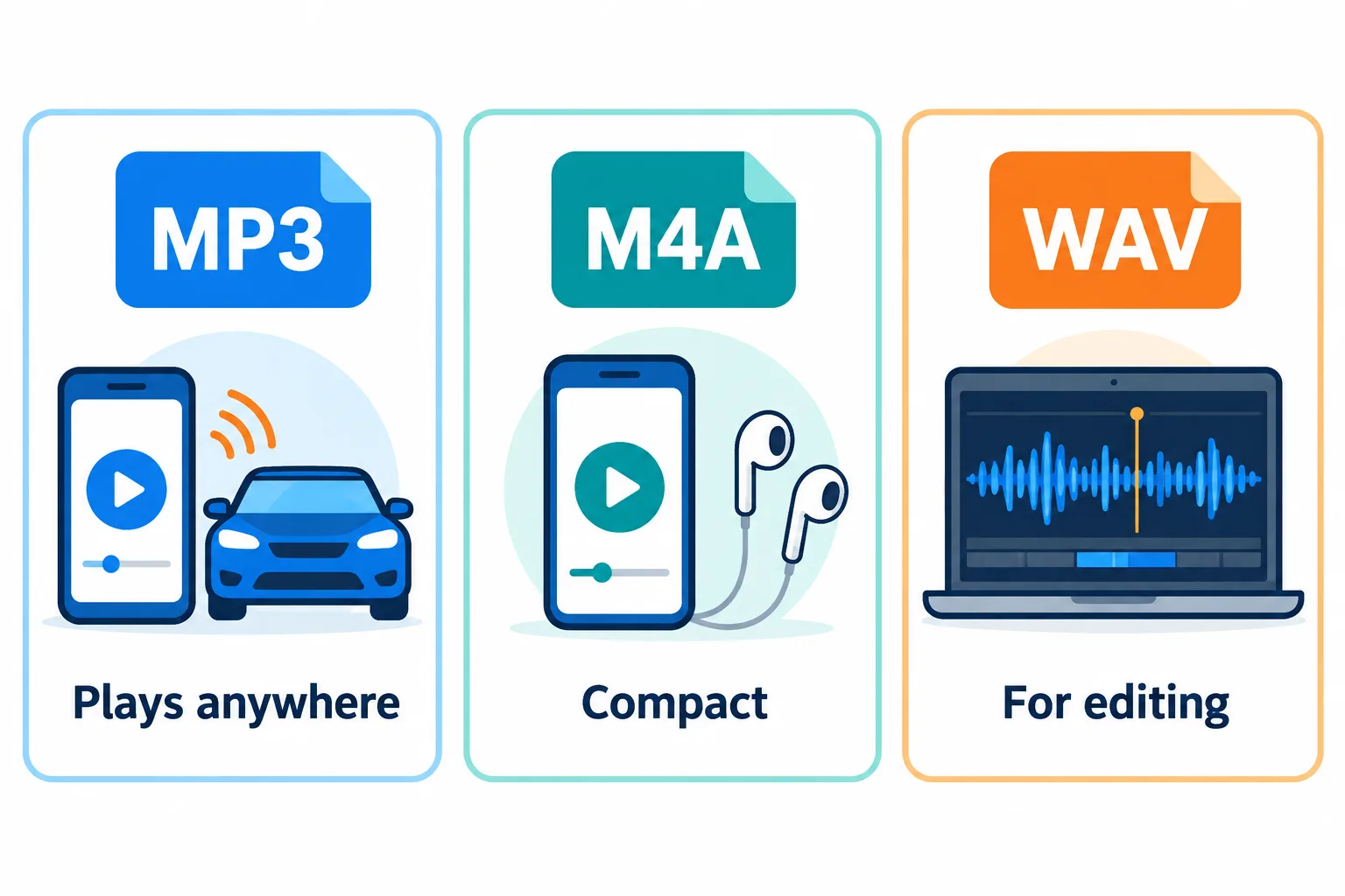 Three audio formats, MP3, M4A and WAV, and what each suits