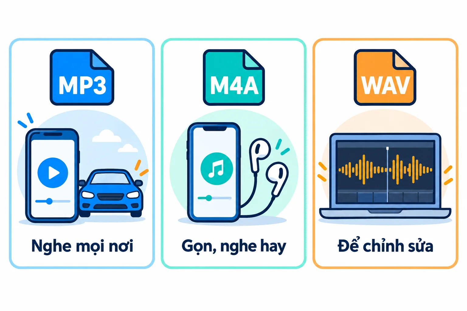 Ba định dạng âm thanh MP3, M4A, WAV và việc hợp với mỗi định dạng