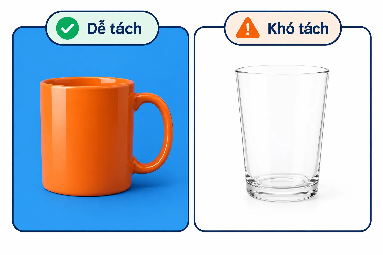 Cốc màu cam trên nền xanh trơn dễ tách, ly thủy tinh trên nền trắng khó tách